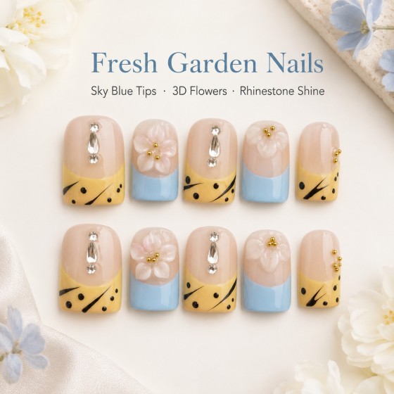 Fresh Garden Short‑Square Press‑On Nails, Yellow‑Blue Contrast Polka‑Dot French False Nails with 3D Flowers, Teardrop Rhinestones & Gold Beads